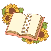 online bestand van pin, opengeslagen boek met aan de linker en rechterkant zonnebloemen met in het midden een boekenlegger met gele bloemen