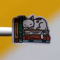sticker van een kat liggend op een stapel boeken