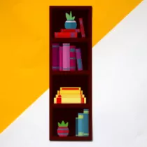 boekenlegger met daarin verschillende kleuren boeken en twee plantjes